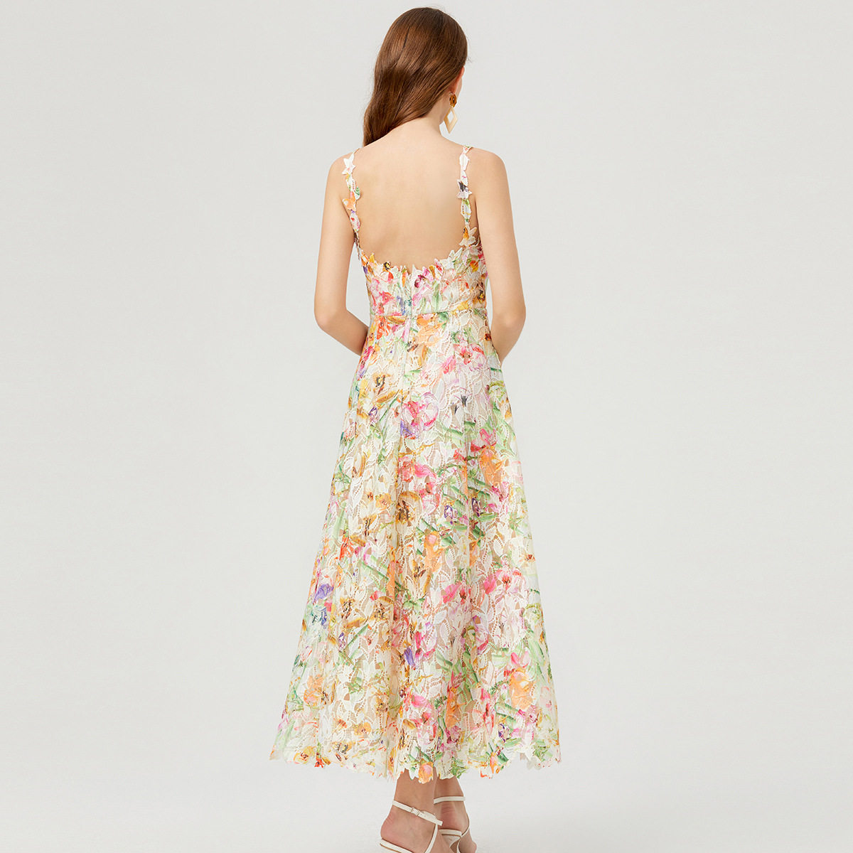 French Inspired Summer Dress Colorful 3D Floral Embroidery Hollow Out Design Lace Fabric Perfect for Casual Outings