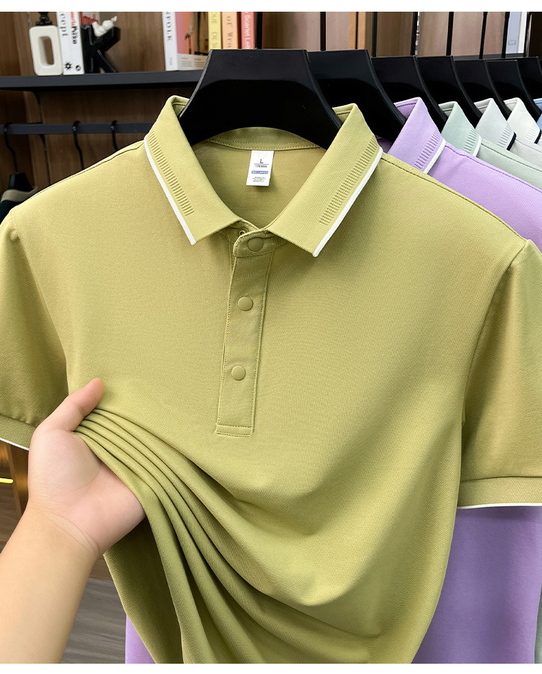 Áo polo nam Leishibert pha cotton lụa tơ tằm, tay ngắn co giãn thoáng mát mùa hè — Xanh biển, Xanh đậu nhạt, Vàng mạch nha, Đen bóng tối