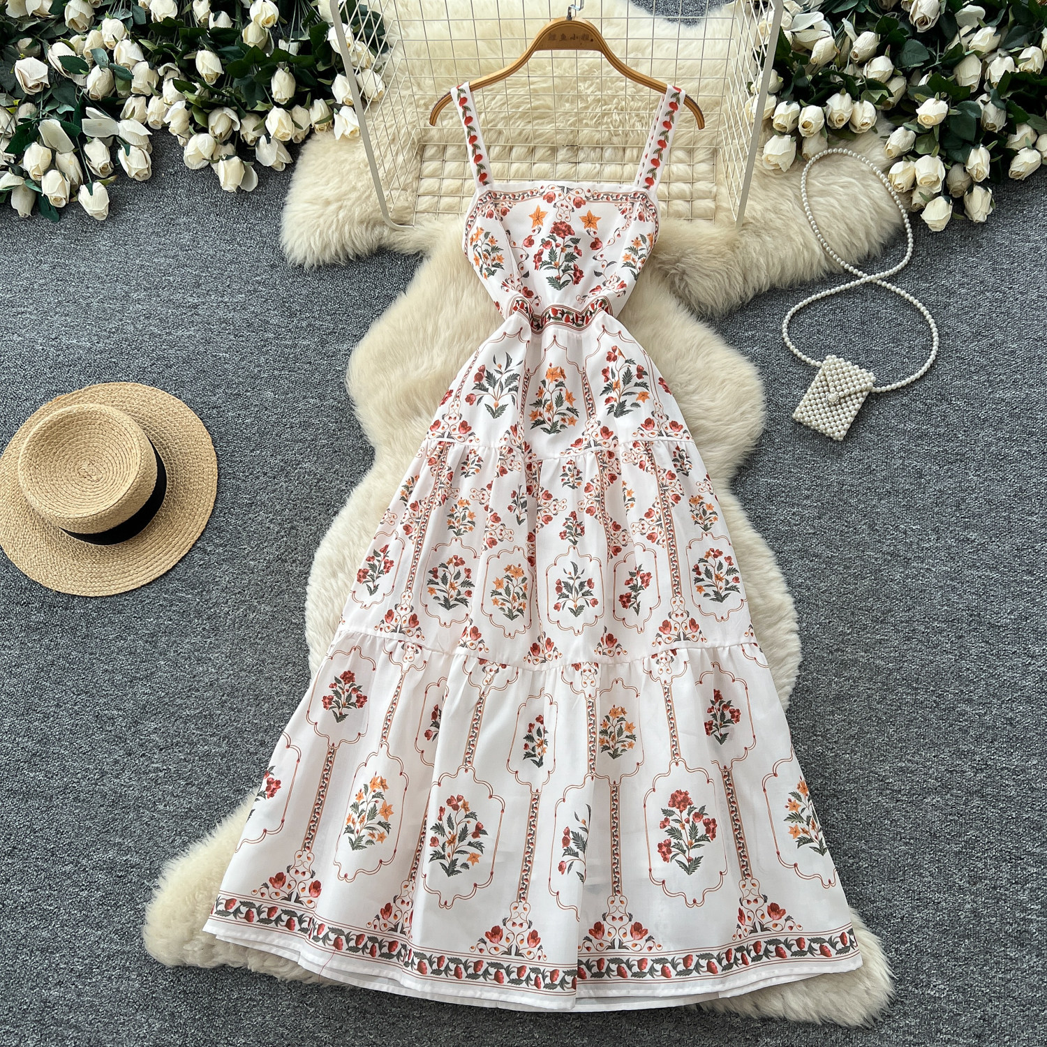 French Country Floral Print Maxi Dress High Waist A Line Silhouette Sleeveless Summer Vacation Style Wholesale