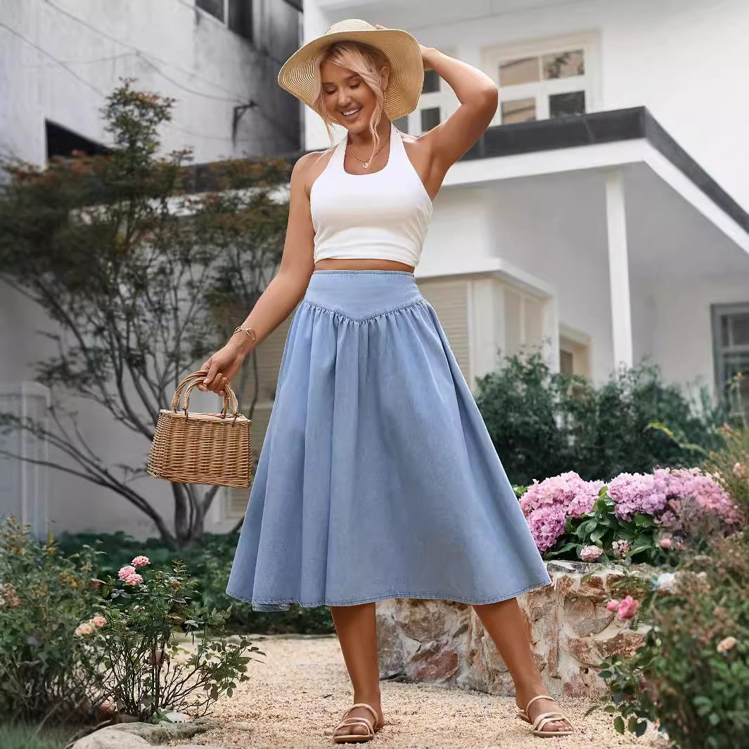 Elegant Long A Line Denim Skirt Slim Fit High Waist Classic Style Perfect for Casual Outings Wholesale Available