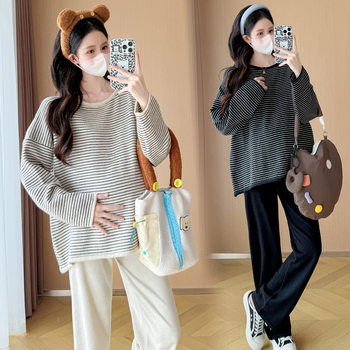 Maternity Wear Round Neck Striped Sweater Autumn and Winter New Style Lazy Style Casual Loose Slimming Versatile Pullover Top