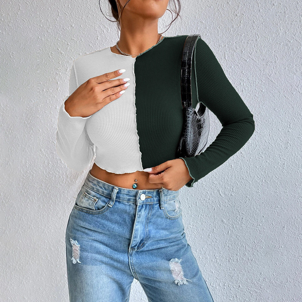 Color Blocked Waffle Knit Long Sleeve T Shirt Exposed Stitching Short Length Versatile Style Autumn Winter Wear