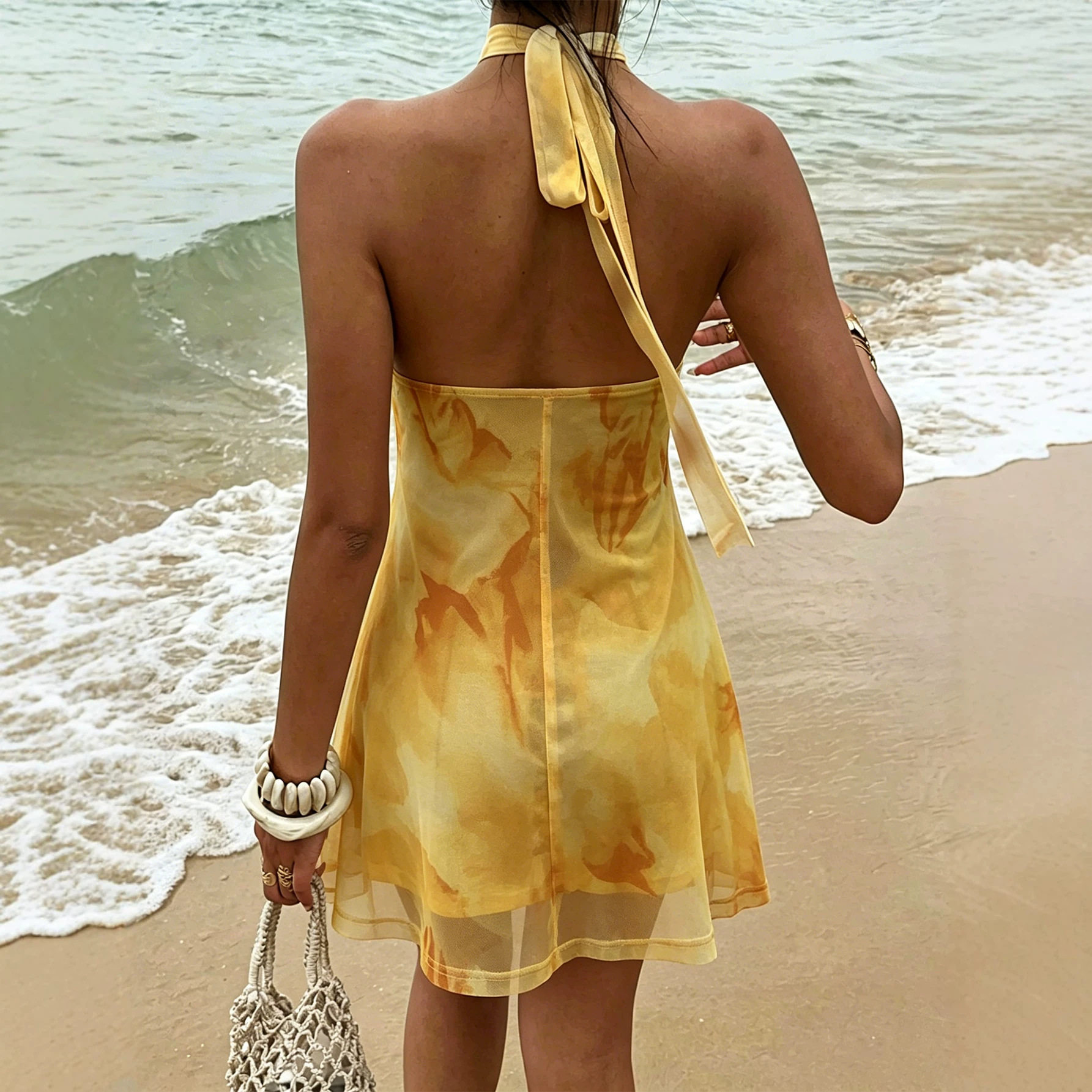 Tie Dye Halter Dress for Women Sheer Fabric Waist Defining Slim Fit A Line Style Summer Vacation Wear Wholesale
