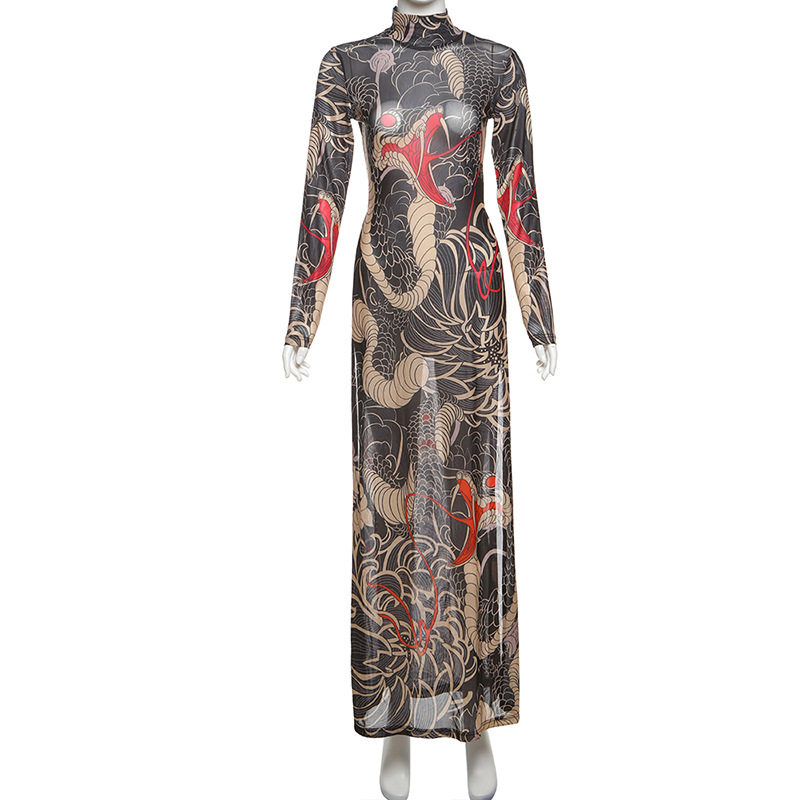 Womens Long Sleeve High Neck Top Fashionable Snake Print High Slit Design Spring Collection Wholesale Available
