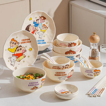 Crayon Shin-Chan New Ceramic Tableware Rice Bowl Household Cute Plate Set Rice Soup Bowl Chopsticks Spoon Family Series