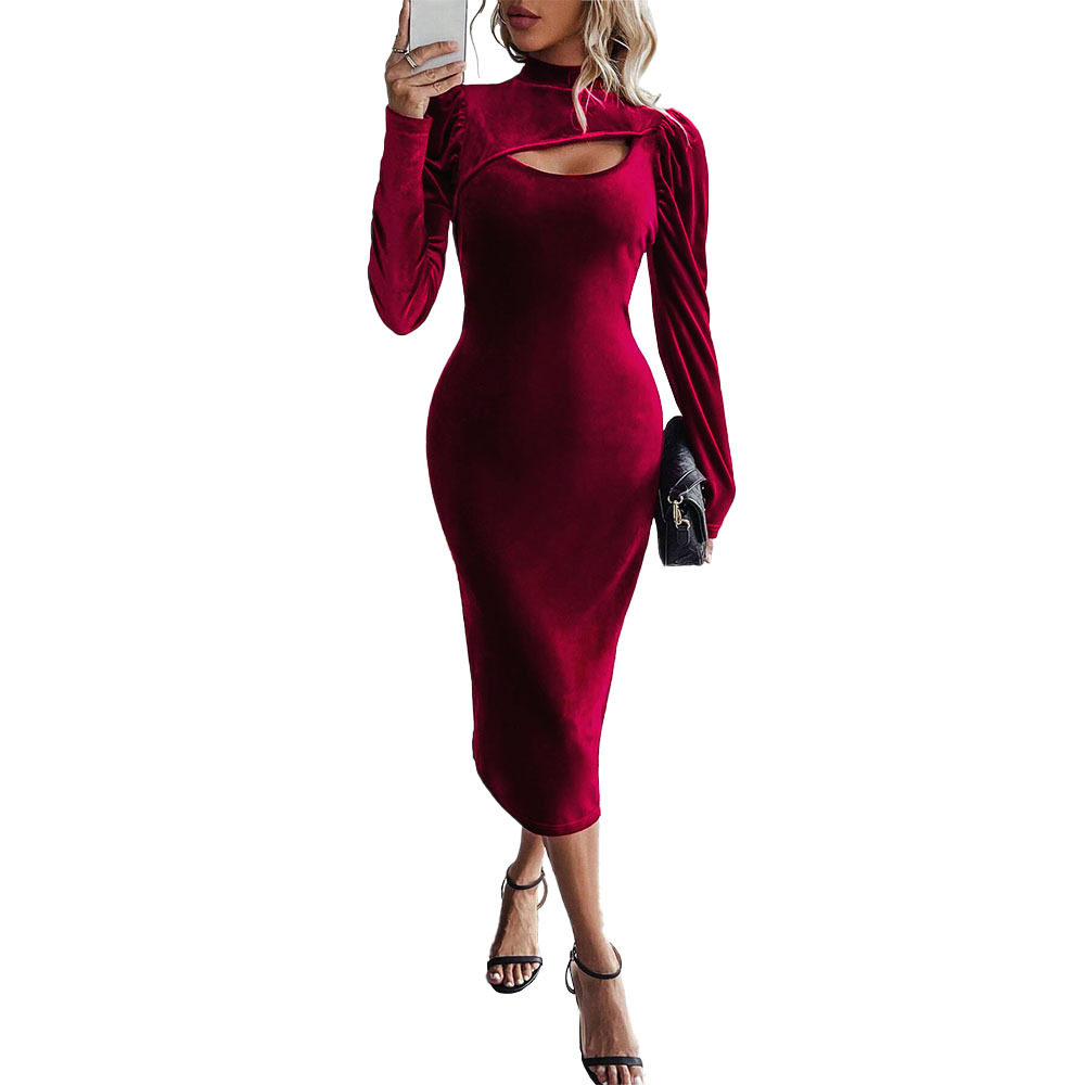 Velvet Bodycon Dress Hollow Out Design Slim Fit Elegant Silhouette Evening Party Wear Wholesale Available