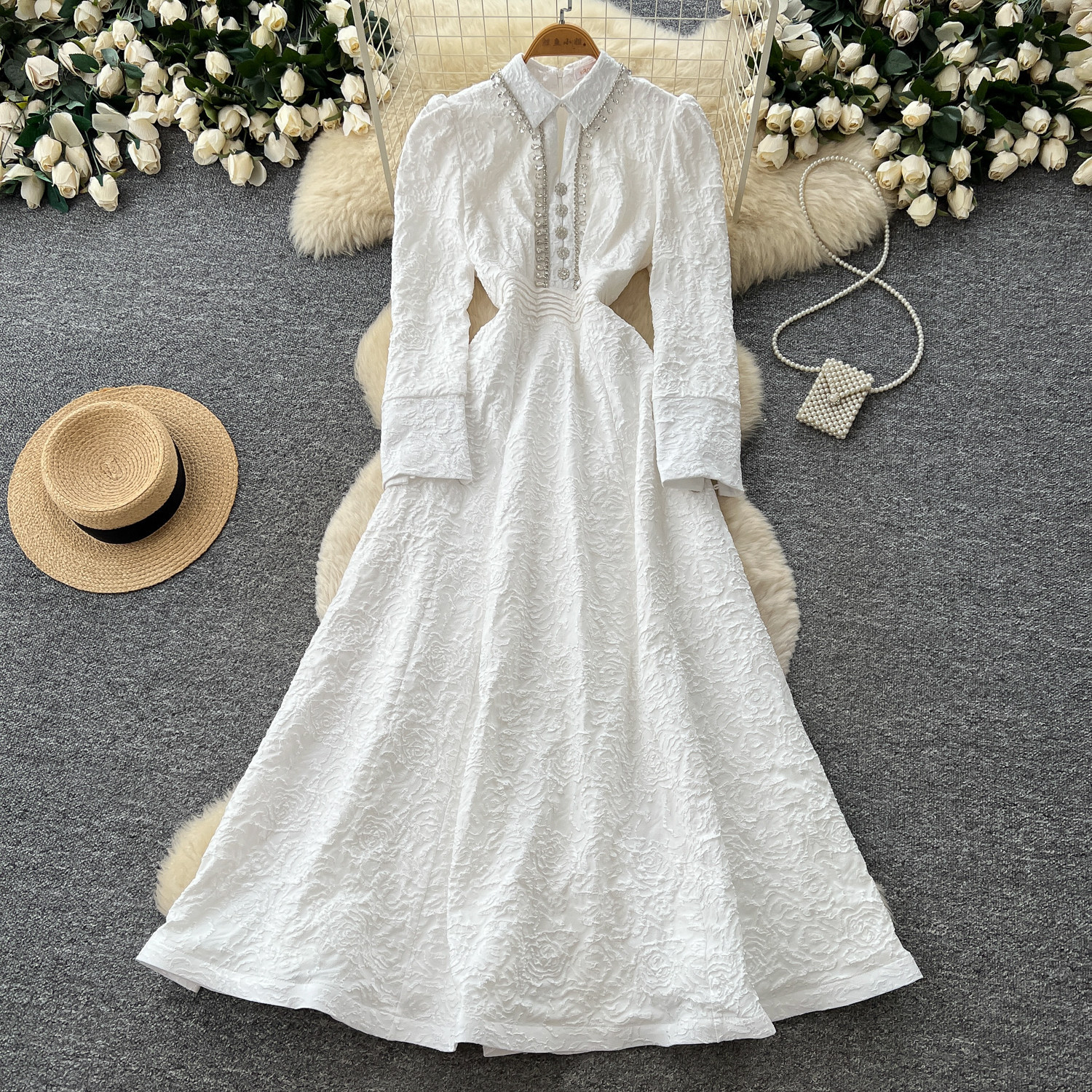 French Lace Long Sleeve Dress for Women Fitted Waist A Line Silhouette Elegant Evening Gown Autumn Collection
