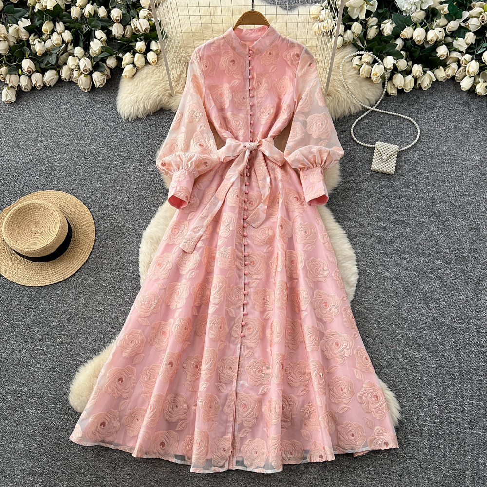 French Romantic Style Embroidered A Line Dress Lantern Sleeves High Collar Waist Defining Elegant Long Dress