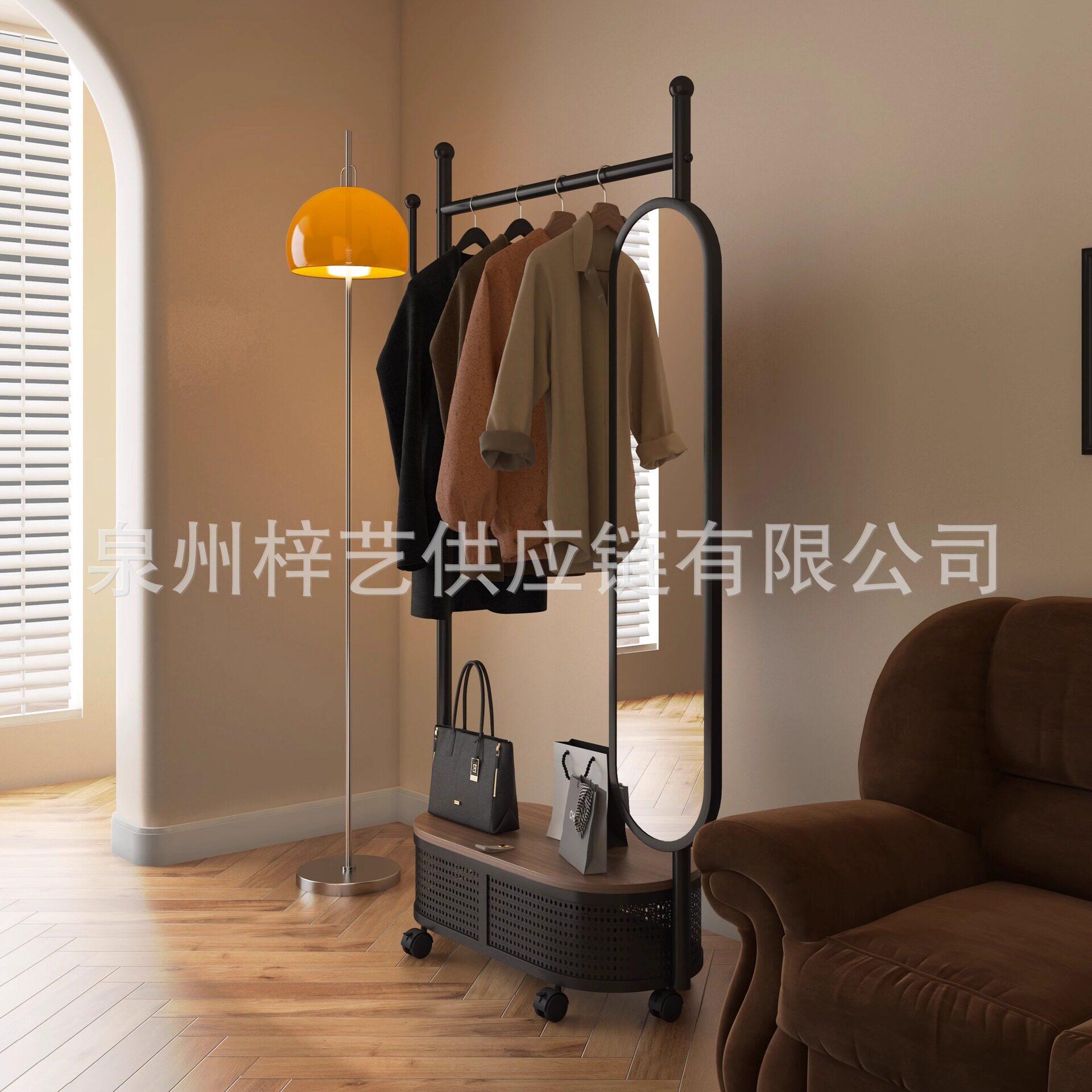 2025 New Model Bedroom Floor-Standing Wardrobe Clothes Rack Cream Shelf Wardrobe Movable Coat Rack Integrated