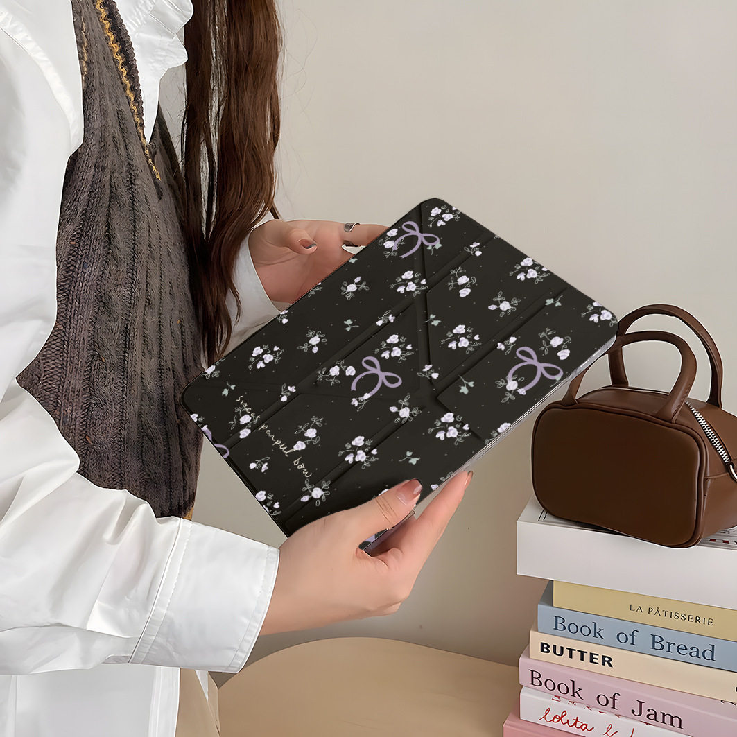 Black floral Y fold ipad10/9/8 generation MINI7 tablet air6/5 protective case pro11 inch A16 protective cover