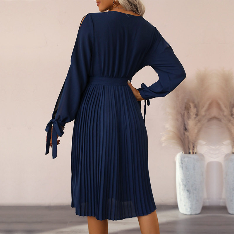 Womens Long Sleeve Hollow Out Dress Solid Color V Neck European and American Design Perfect for Autumn Occasions