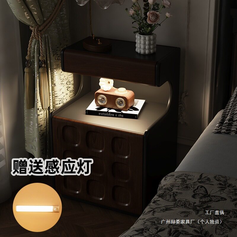 Solid Wood Mid-Century Style Bedside Table Safe Integrated Storage Cabinet Bedroom Simple Modern Bedside Cabinet with Password Lock