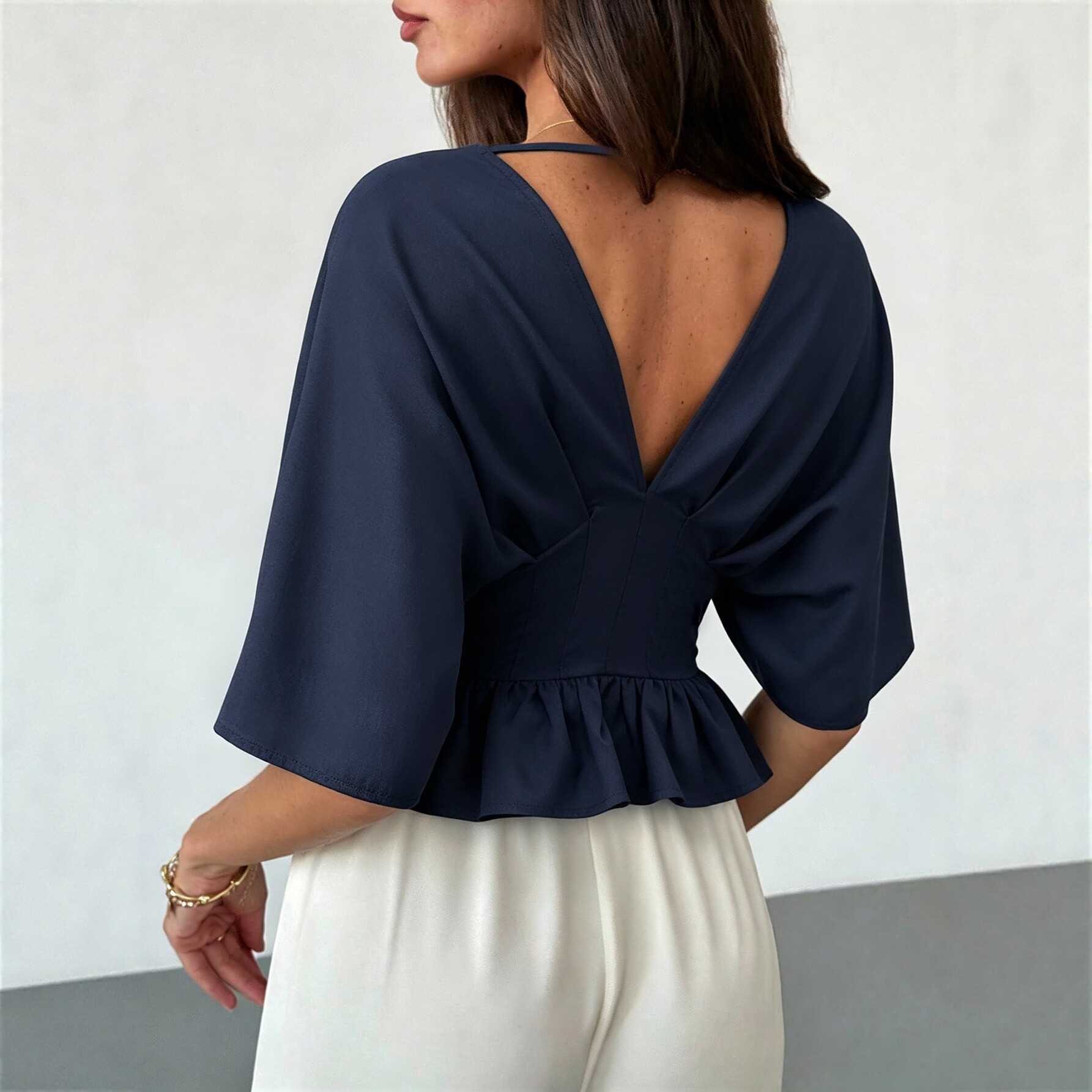 V Neck Batwing Sleeve Top Backless Slim Fit Ruffled Hem Casual Wear Summer Style Wholesale Available