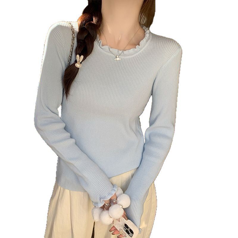 高级感超好看的针织衫女2025新款初秋木耳边内搭打底圆领毛衣上衣