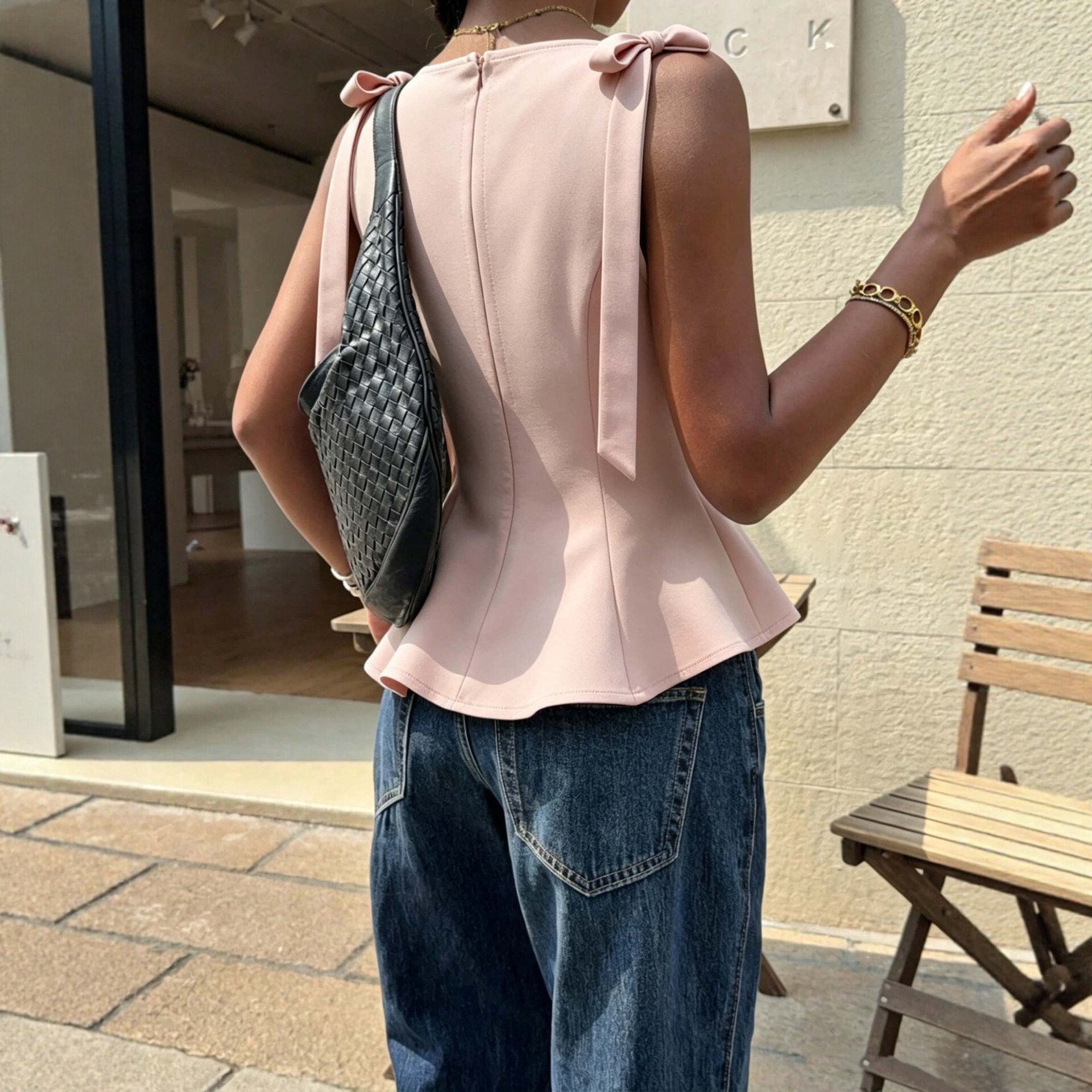 Sleeveless Blouse Bow Tie Waist Ruffled Hem Slim Fit Summer Casual Wear for Women Wholesale Available