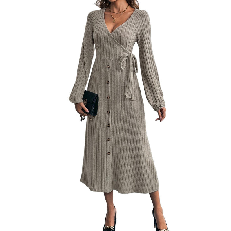 Knit Midi Dress Solid Color A Line Long Sleeve Comfortable Fabric Autumn Winter Fashion Wholesale Available