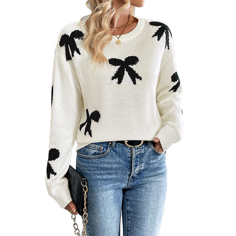 Sweet Floral Knit Sweater Round Neck Bow Detail Autumn Winter Style Perfect for Holiday Celebrations Wholesale