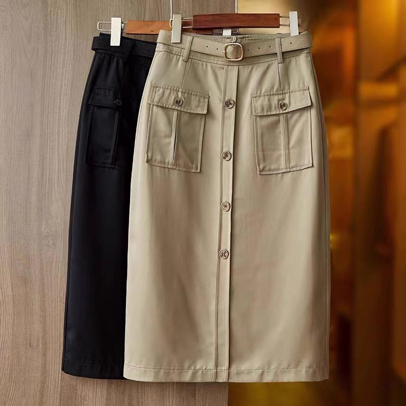 Простая однотонная юбка до бедер из ткани tencel с двумя карманами, женская прямая юбка средней длины с высокой талией, осень 2025 Изображение 1