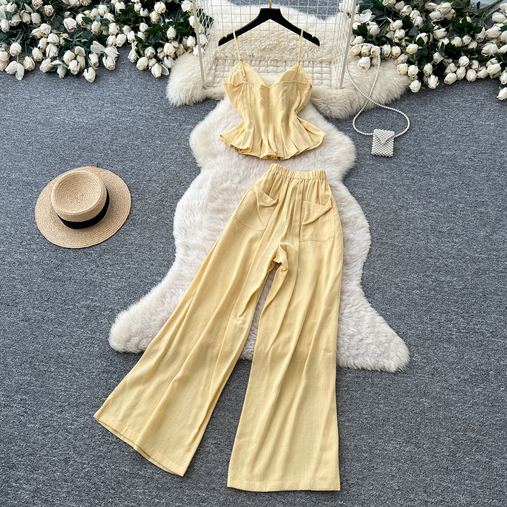Lace Camisole and Wide Leg Pants Set Lightweight Slim Fit Elegant Design Summer Casual Wear Wholesale Available