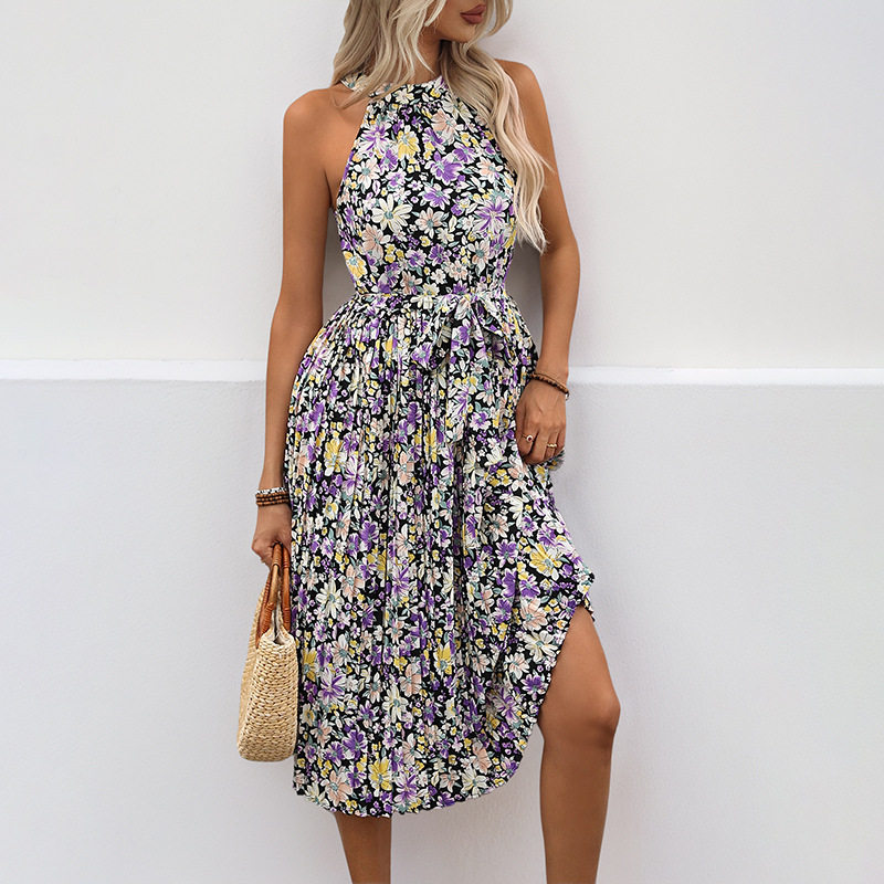 Elegant Pleated Floral Print Halter Dress Beach Vacation Style Perfect for Summer Getaways Wholesale Available