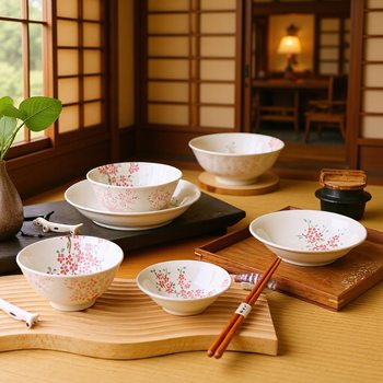 Japanese Mino Ware Yoshino Sakura Household Ceramic Rice Bowl Snack Plate Sauce Vinegar Seasoning Dish Dish Soup Bowl