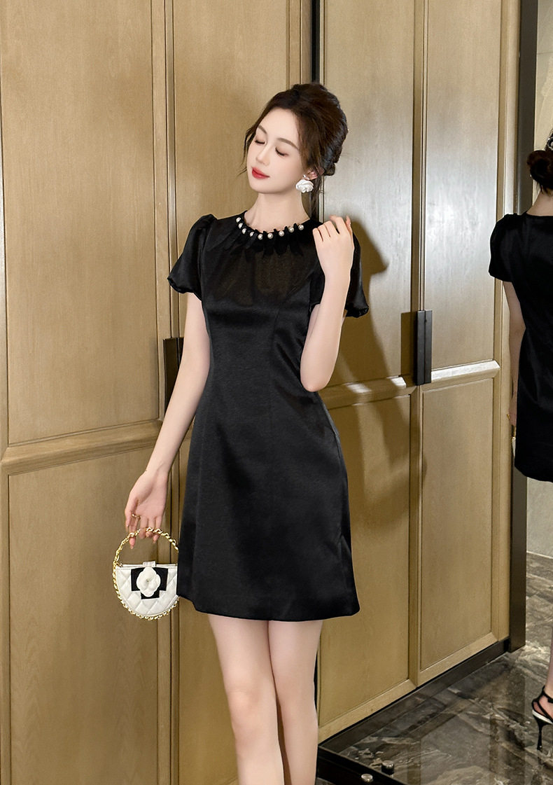 Đầm suông nữ midi cổ tròn phong cách Pháp ôm nhẹ — [Đen], [Trắng] chi tiết 9