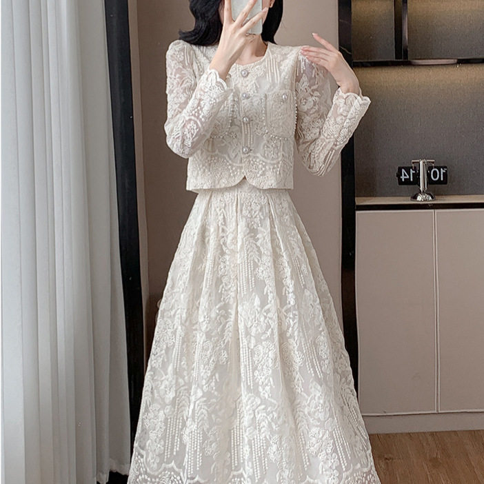 Chic French Style Embroidered Sheer Blouse with Round Neck High Waist Slimming Midi Skirt Set Elegant Casual Wear