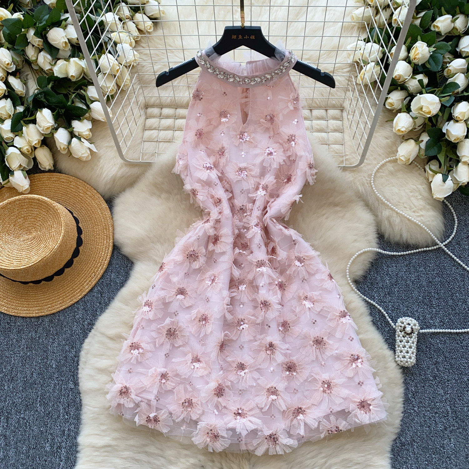 Elegant A Line Dress Sleeveless High Neck Embellished with Sequins and Floral Design Perfect for Parties and Special