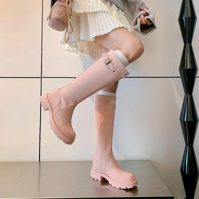Boot nữ cổ cao da lộn phong cách hiệp sĩ khóa thắt lưng — li đơn màu đỏ, Li đơn màu hồng, Li đơn màu vàng, Lớp lót đơn màu trắng nhạt