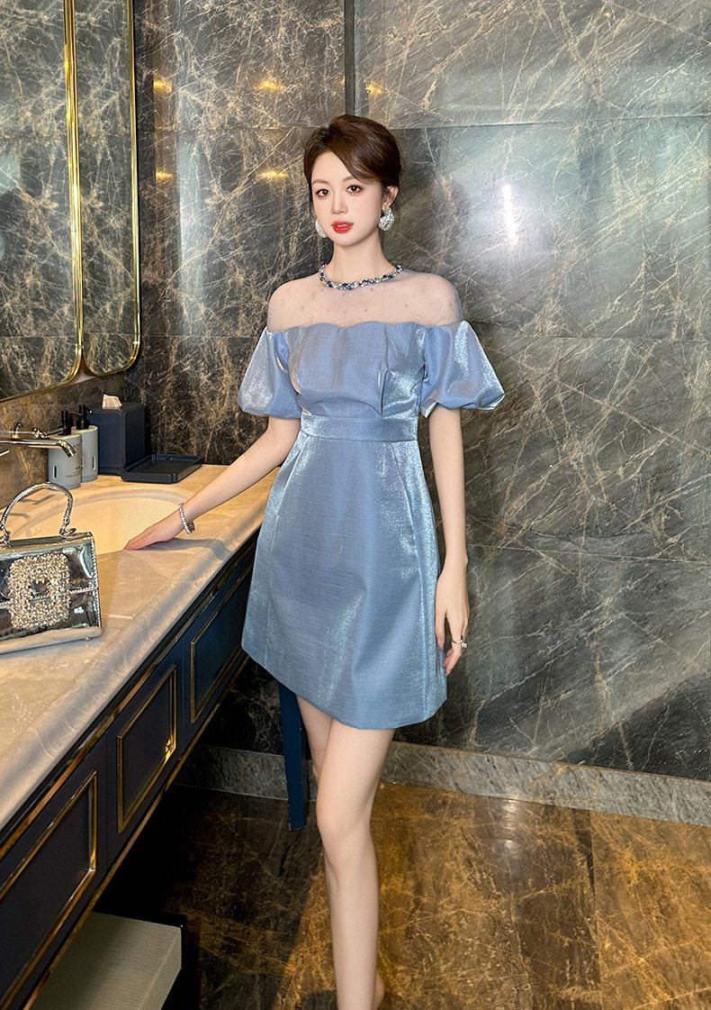Đầm suông nữ midi tay phồng cổ tròn dáng chữ A — [Đen], [Trắng], [Xám], [Xanh dương] chi tiết 22