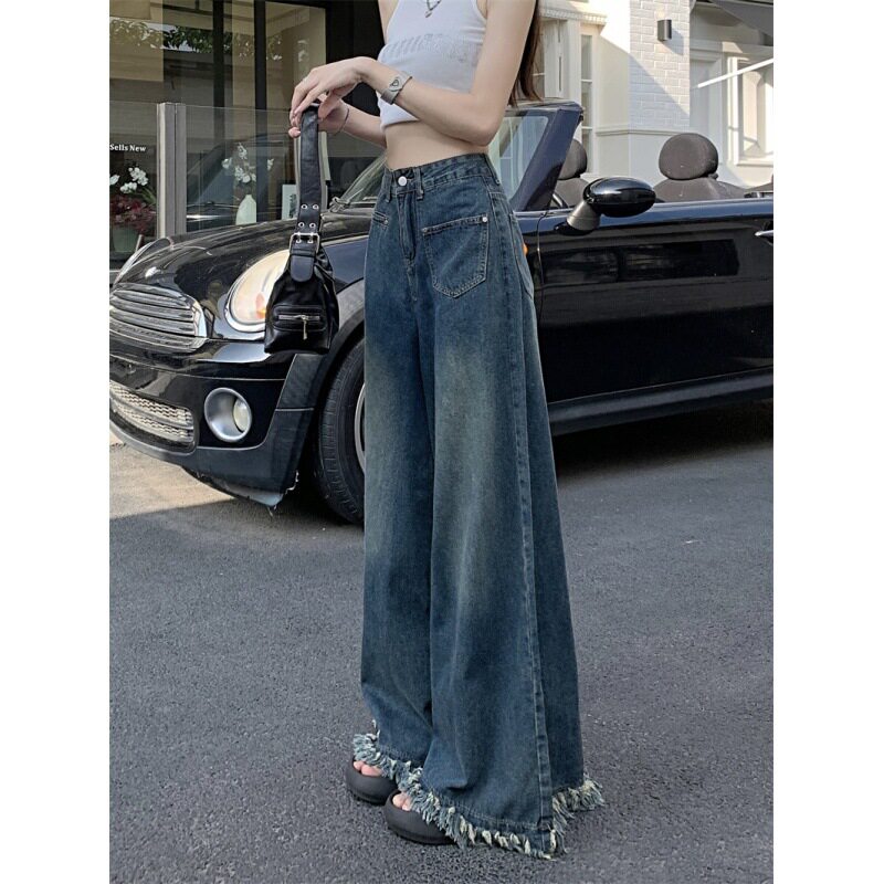 High Waisted Wide Leg Jeans for Women Vintage Style Loose Fit Frayed Hem Spring and Autumn Fashion Wholesale