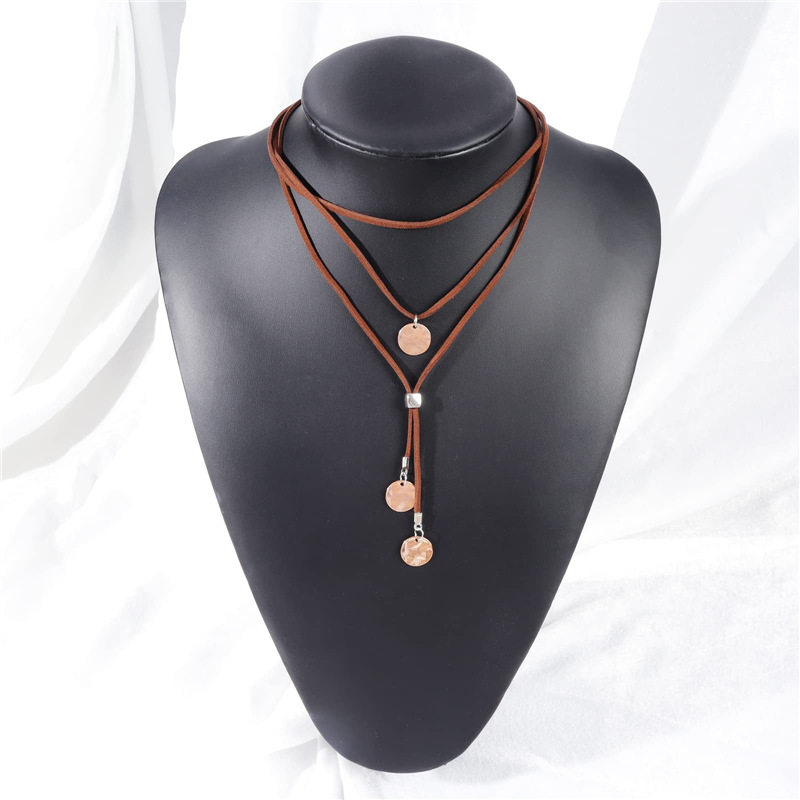 European and American New Bohemian Style Leather Necklace Round Brand Pendant Long Body Chain Multi-layer Brown Leather Neck Chain