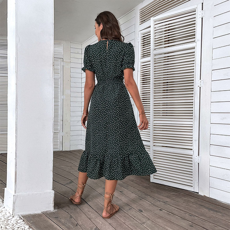 Vintage Polka Dot V Neck Midi Dress Womens Fashion Retro Style Comfortable Fit Perfect for Spring Summer Occasions