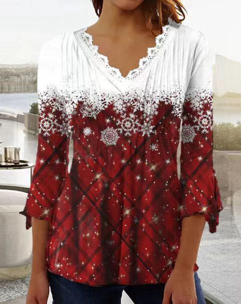 V Neck Long Sleeve Top Snowflake Print Plaid Design Autumn Winter Style Wholesale Available bulk order