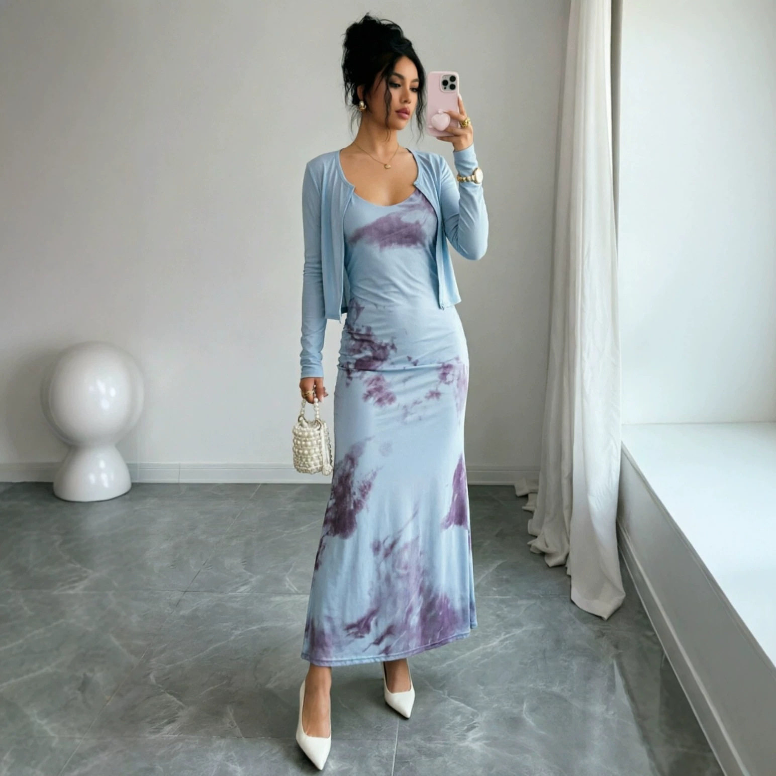 Blue Floral Bodycon Dress Set Slim Fit Waist Cinching Adjustable Straps Spring Fall Vacation Style Wholesale
