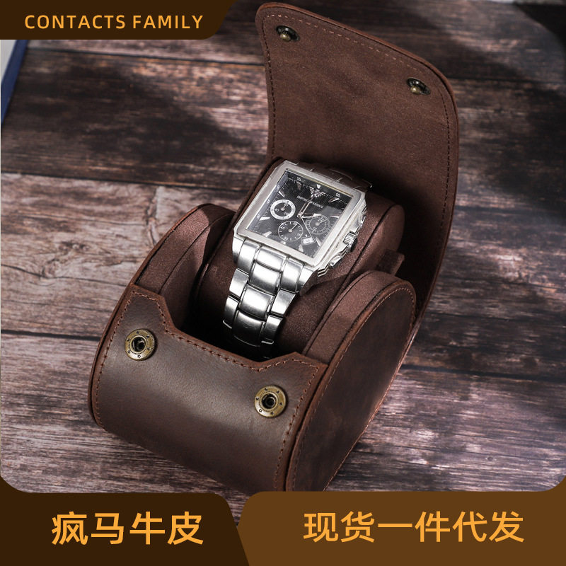 CONTACTS Retro Crazy Horse Cowhide Portable Drop-Resistant Watch Box Single Pack Mechanical Watch Storage Box Spot