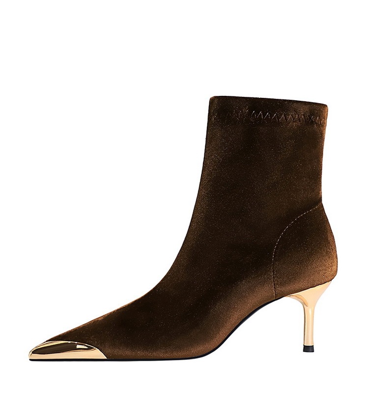 Boot nữ cổ thấp mũi nhọn nhung nhung gót vừa phong cách thanh lịch — 319-10 đen 8cm, 319-A10 đen 5cm, 319-A10 Màu nâu sẫm 5cm, Màu nâu sẫm 319-10 8cm