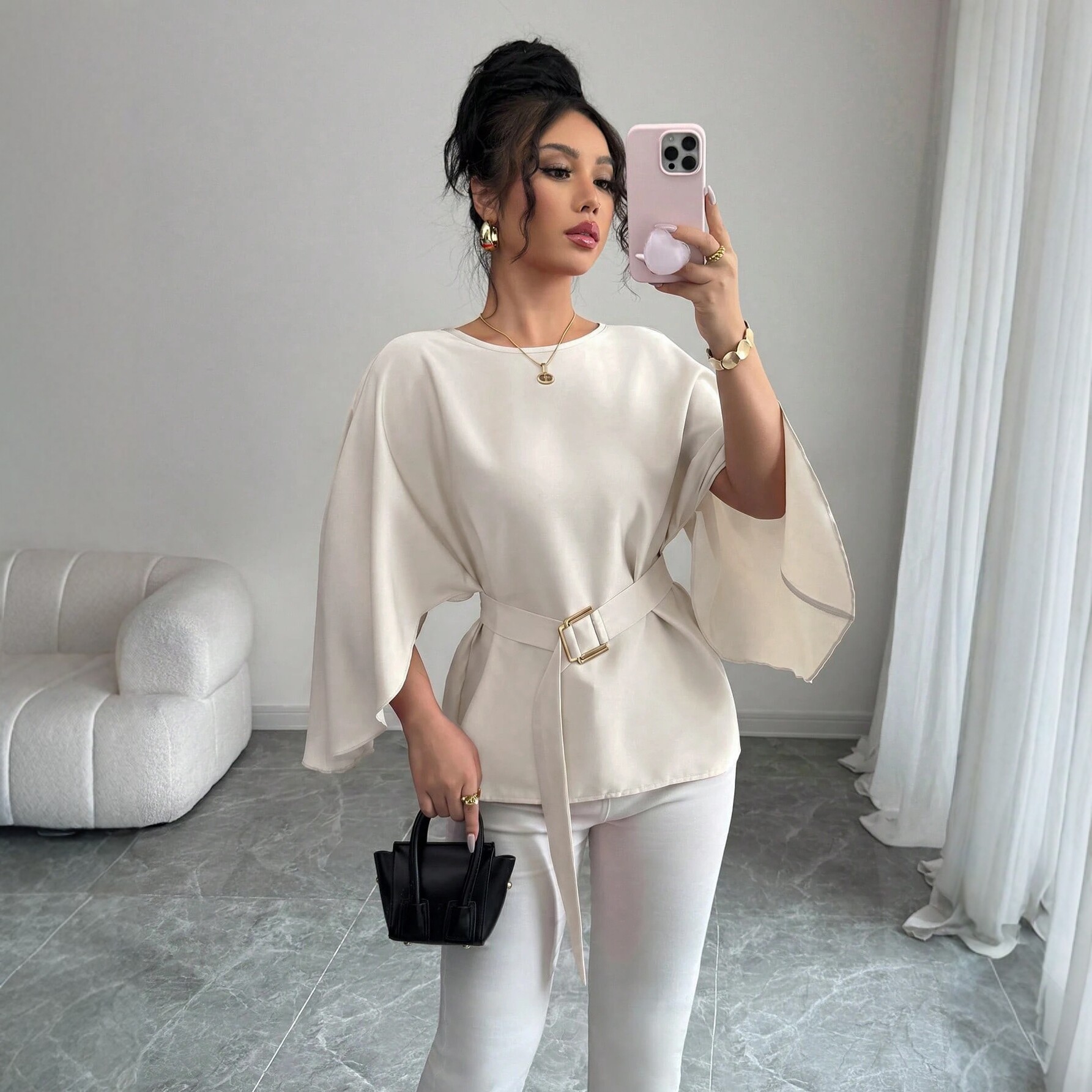 French Style Womens Blouse Soft Apricot Color Round Neck Waist Defining Slim Fit Elegant Casual Wear Wholesale