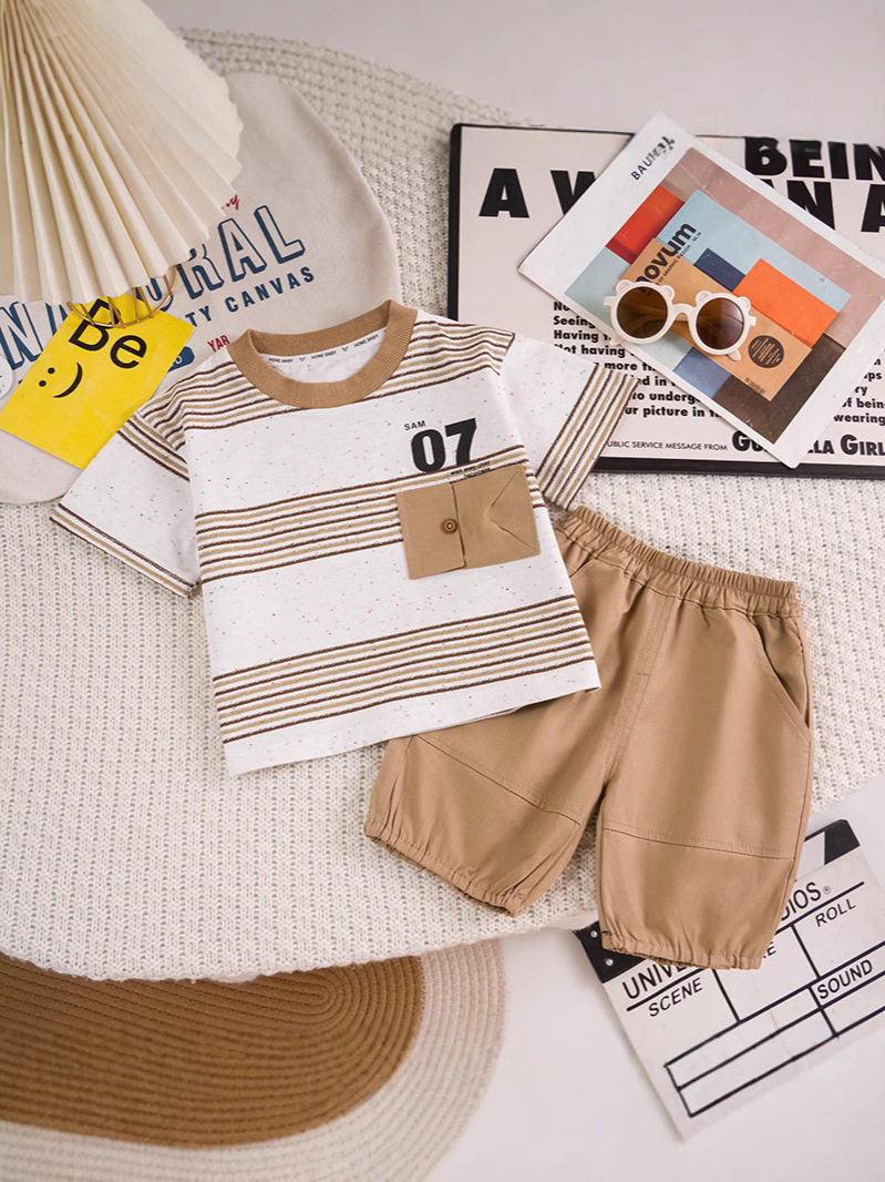 Summer new boys' round neck short-sleeved bear logo children's casual shorts for boys and girls