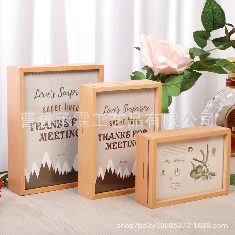 Creative Photo Frame Solid Wood Desktop Ornament Photo Frame Custom Wooden Transparent Acrylic Photo Frame Kidsren's Piggy Bank 5678inch