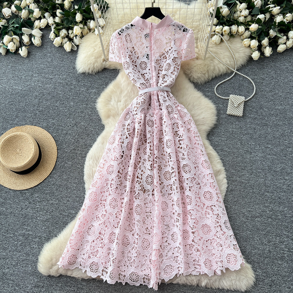 Lace Hollow Out A Line Dress Sweet Design High Waist Elegant Style Summer Office Wear for Women Wholesale Available
