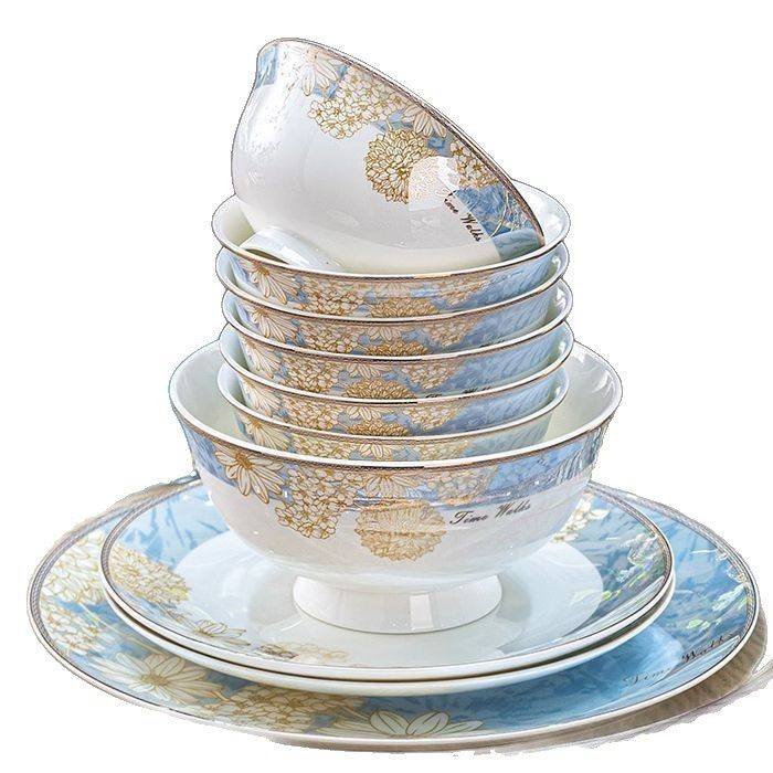 Jingdezhen Food-Grade Dishes, High-Temperature Household Healthy Bone China Tableware, Bowls and Plates Set, High-End High-Value Tall Bowls