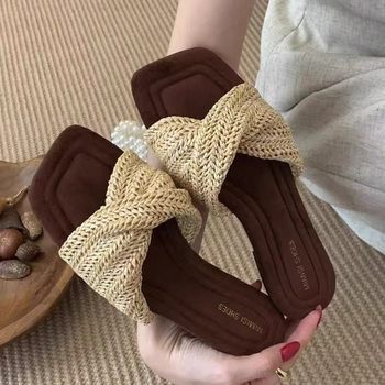 Tweed Style Woven Cut Out Low-Heeled Slippers for Women's Outer Wear 2025 New Holiday Style One-Line Sandals Dropshipping