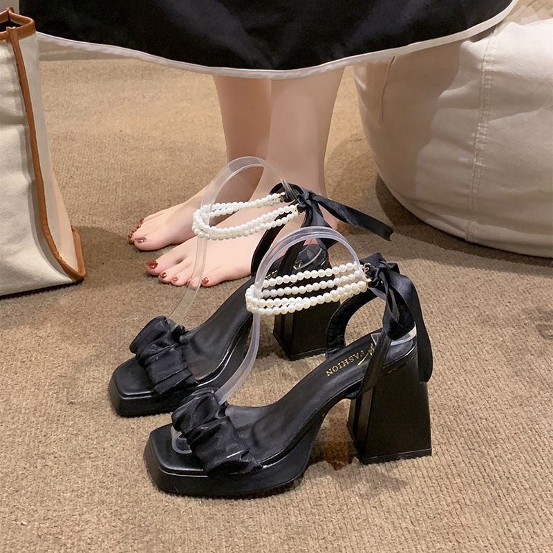 Mesh high heels for women summer 2023 new medium thick heel crystal French fairy pearl Roman sandals ins