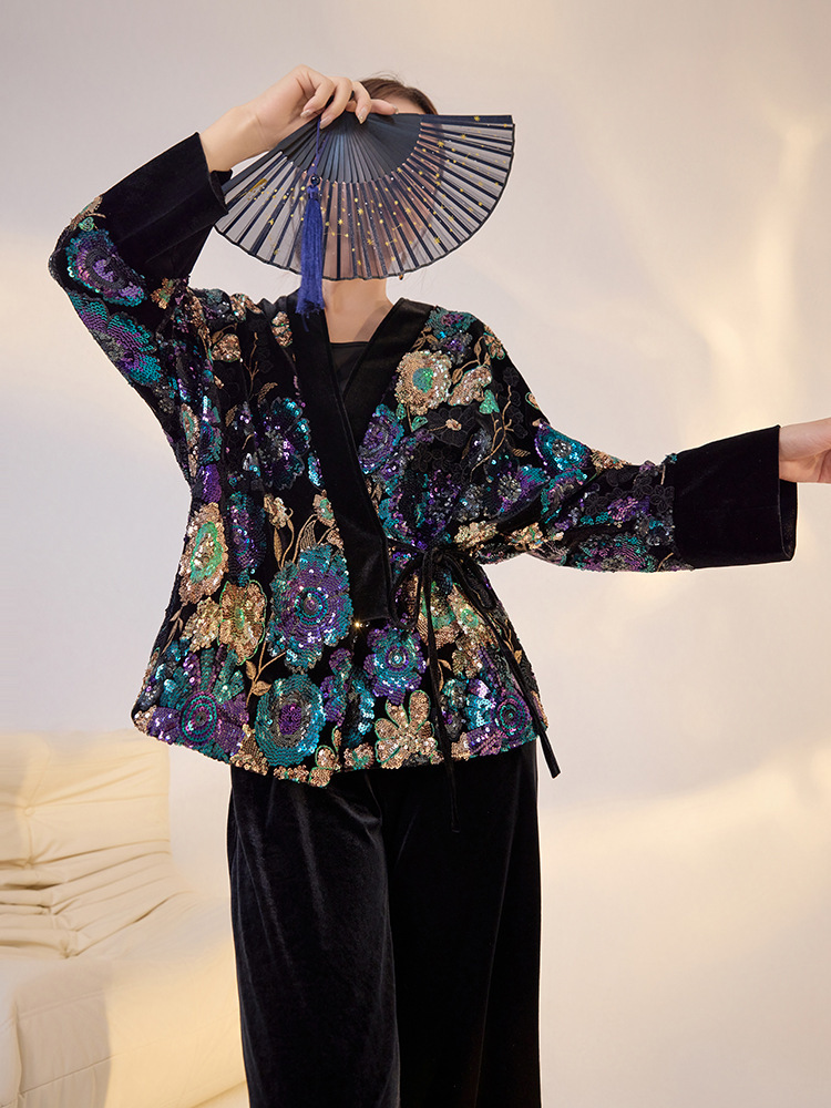 Áo khoác nữ thêu hoa đính sequin dáng ngắn cổ chữ V — Iris tím (giao hàng trong 7 ngày), Iris tím (phát hành cùng ngày)