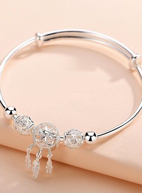 韩昕燕08捕梦网999纯银手镯女 银手环流苏链坠森系小清新手饰品