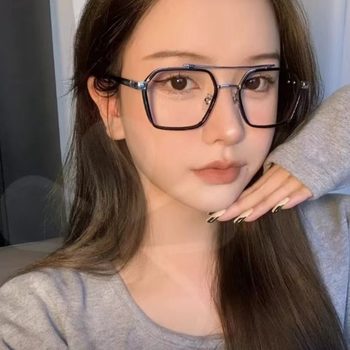 2022 new large frame double beam retro color-changing glasses Tide men's glasses frame anti-blue light flat mirror manufacturers wholesale