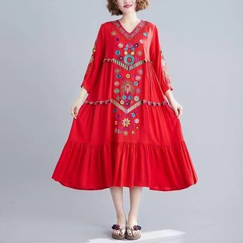 Spring Ethnic Large Swing Thin Cotton White Dress Printed Tight National Style Vintage Cotton and Linen Dress