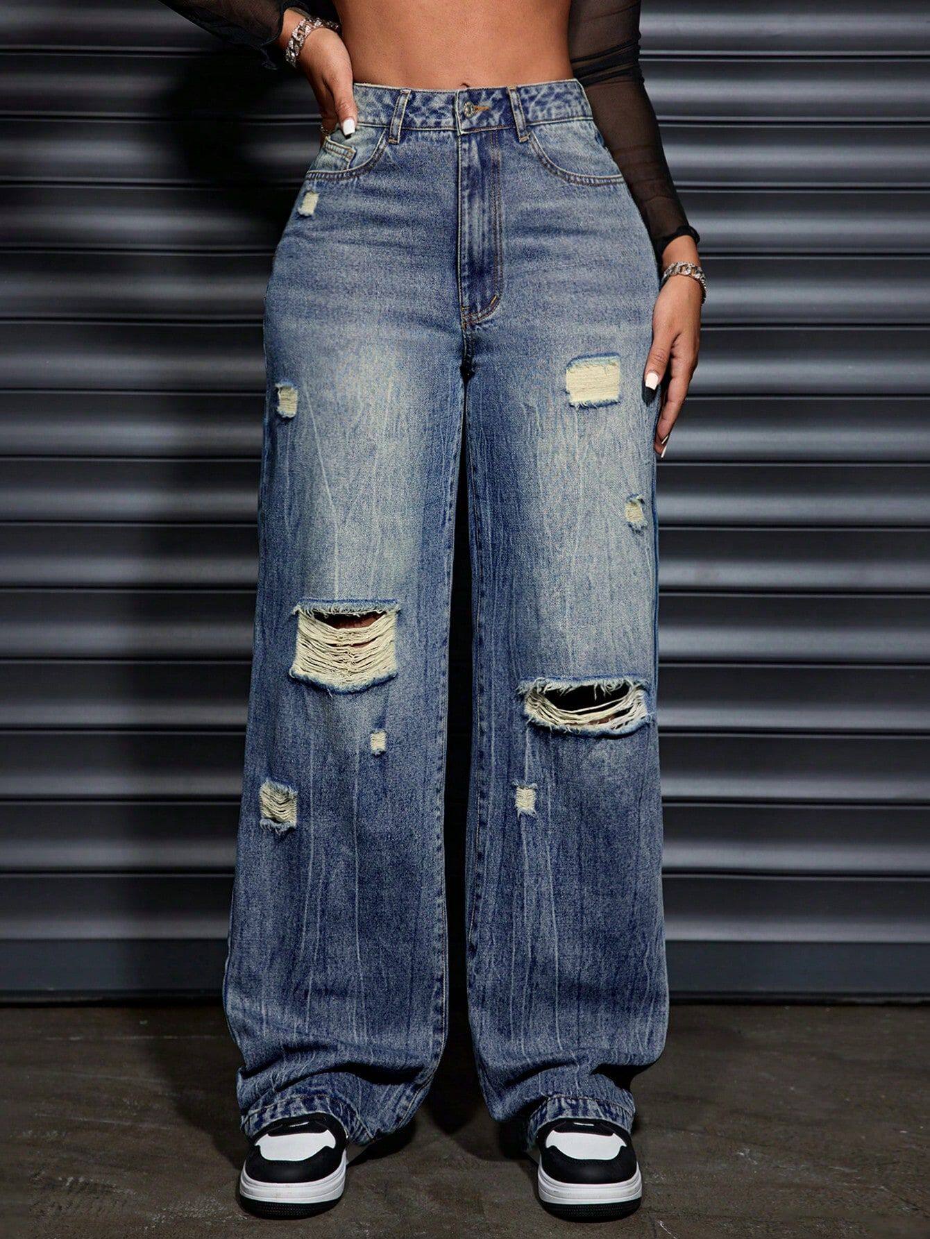 Womens Casual Loose Straight Leg Ripped Denim Jeans Comfortable Fit Stylish Design Versatile for Everyday Wear