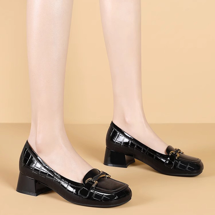 Giày lười nữ mũi vuông gót thô 3-6cm da PU mềm êm chân — Màu đen, Màu đỏ rượu, Màu mơ
